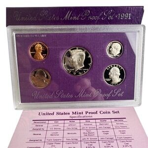 1991 S United States Mint Proof Coin Set Kennedy Half Dollar Dime Nickel Penny
